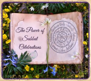 Wheel of the year chart written on book of shadows, surrounded by spring flowers