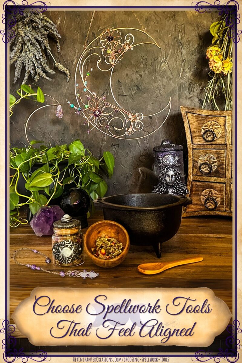 Spellcraft tools on an altar, featuring a candle, pendulum, herbal blend, and copper decor.