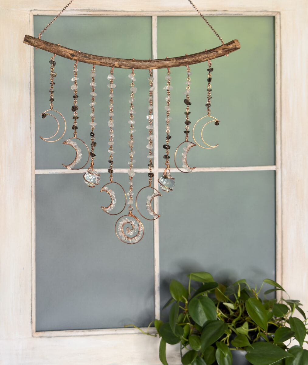 Handcrafted copper wire and crystal suncatcher made with intention